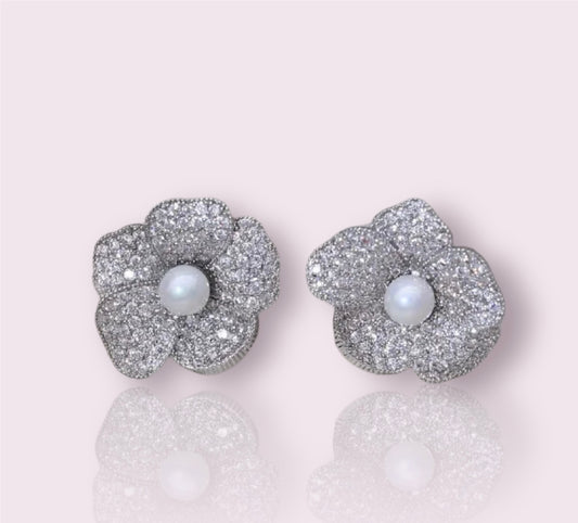 Silver Color Flower Pearl Earrings