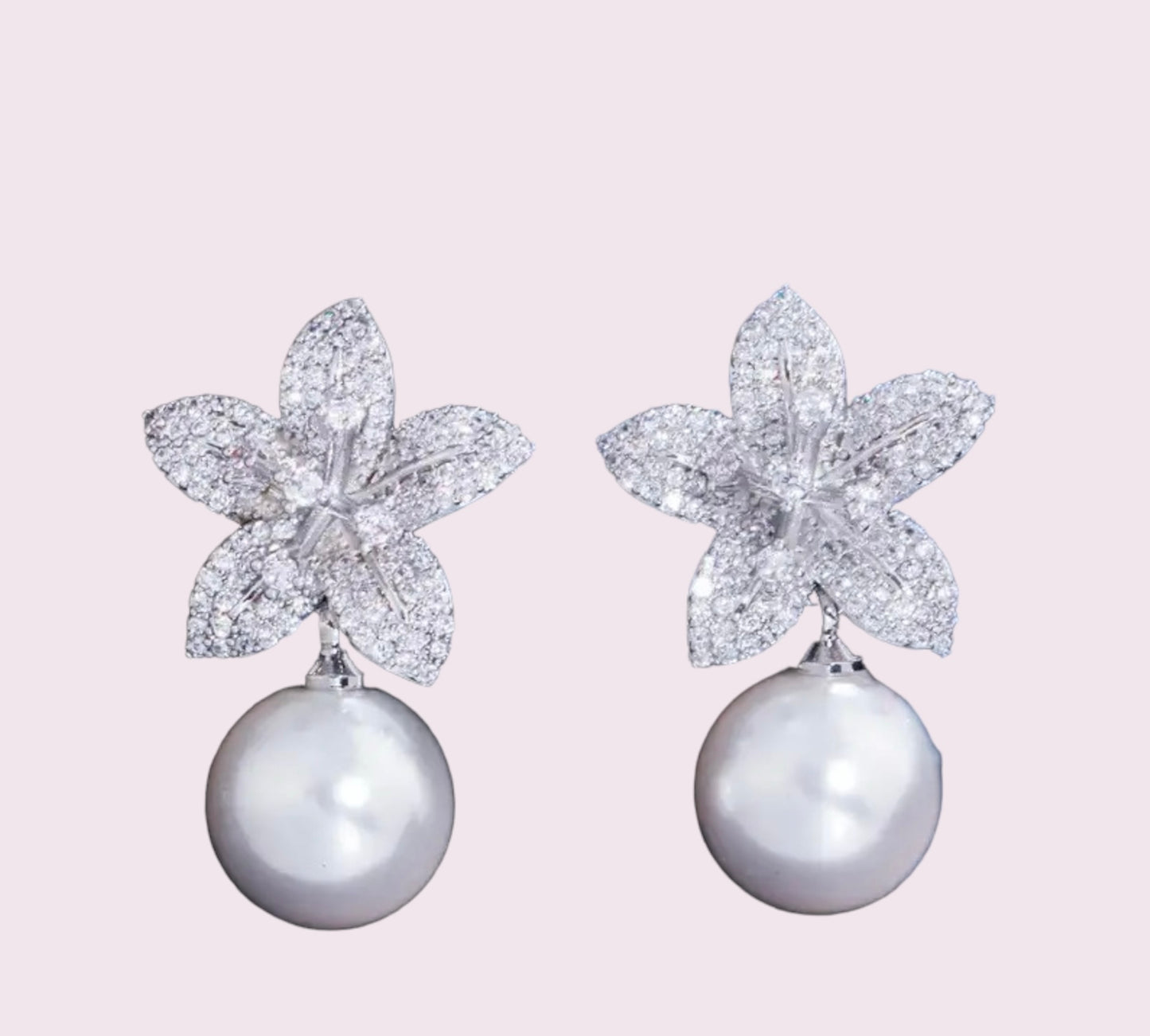 Flower Dangle Drop Pearl Cubic Zirconia Earrings