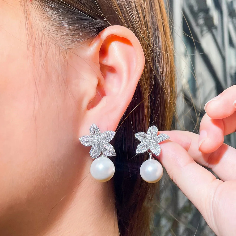 Flower Dangle Drop Pearl Cubic Zirconia Earrings