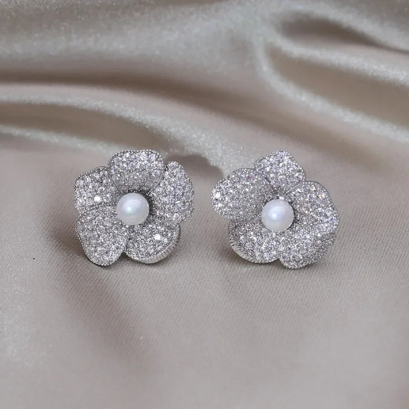 Silver Color Flower Pearl Earrings