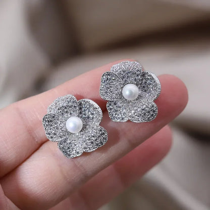 Silver Color Flower Pearl Earrings